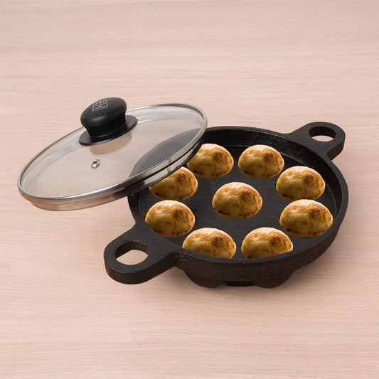 Cast Iron Paniyaram Pan Pre-Seasoned 9 Pit + Glass Lid 21 cm