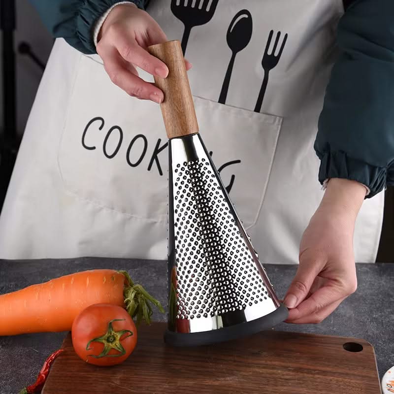 Modern Cone-Shaped Stainless Steel Grater and Zester – Versatile Kitchen Tool for Vegetables, Fruits, and Cheeses, Available in Small, Medium, and Large Sizes (Wooden or Plastic Handle)