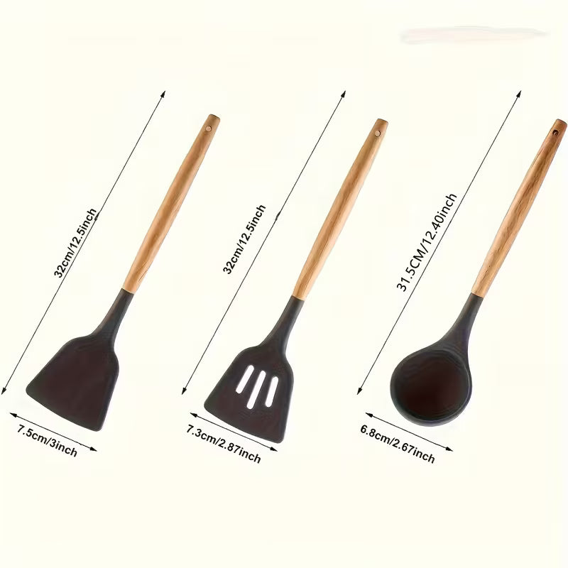 7-piece Silicone Kitchen Utensil Set with Wooden Handles