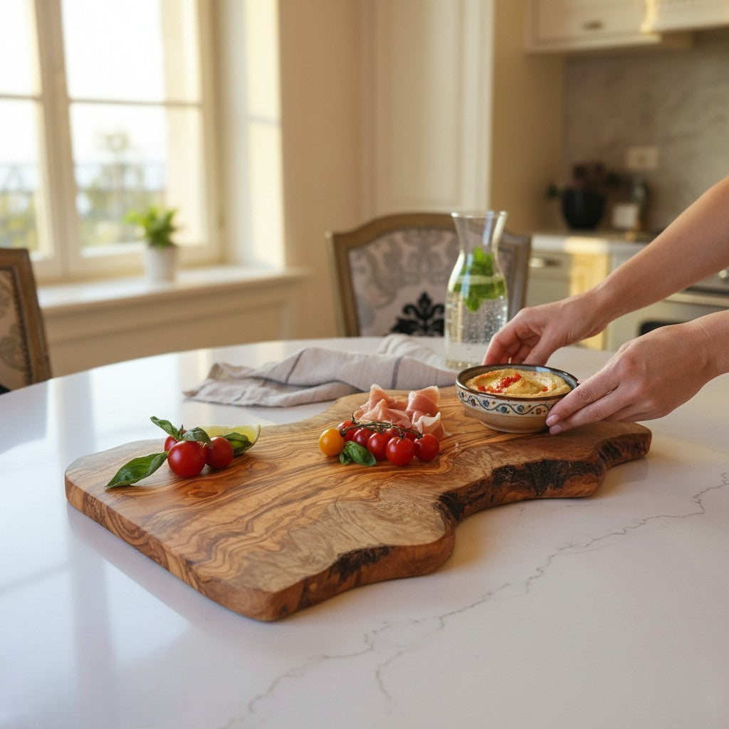 Large Artisan Olive Wood Freeform Serving Board | Extra Large Live Edge Grazing & Chopping Board | Unique Grain | 35–60 cm