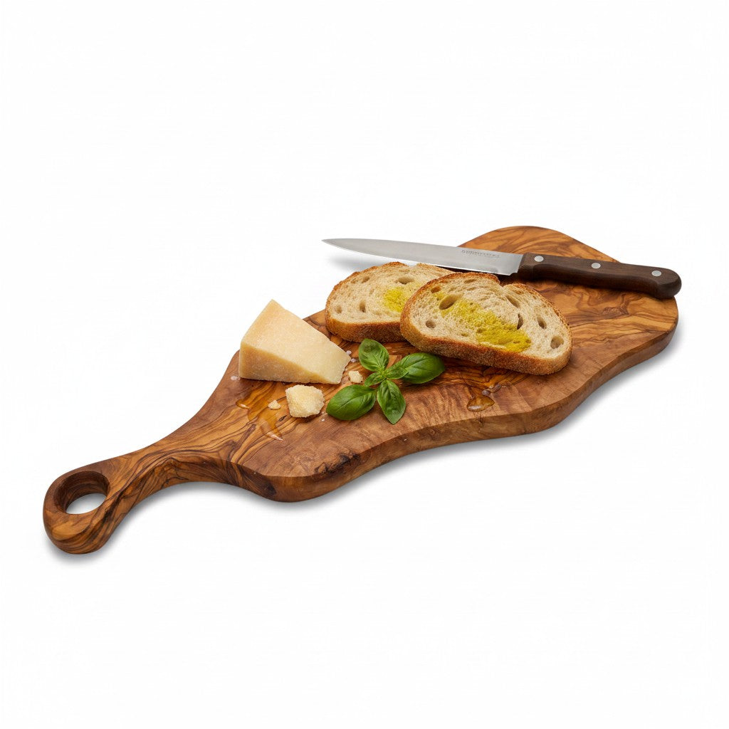 Handcrafted Olive Wood Serving Board - Live Edge Serving Platter with Handle - Natural Rustic Cheese Board & Cutting Surface