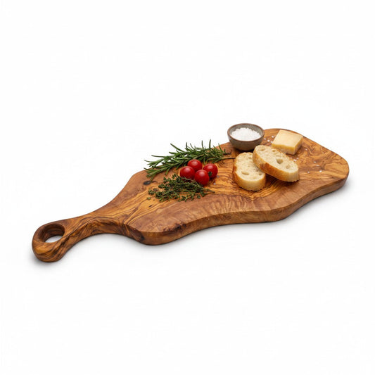 Handcrafted Olive Wood Serving Board - Live Edge Serving Platter with Handle - Natural Rustic Cheese Board & Cutting Surface