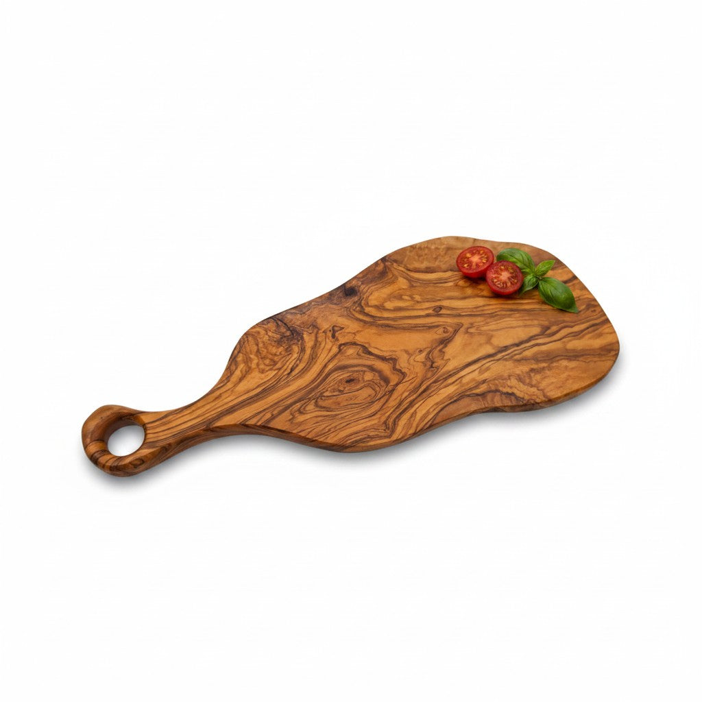 Handcrafted Olive Wood Serving Board - Live Edge Serving Platter with Handle - Natural Rustic Cheese Board & Cutting Surface