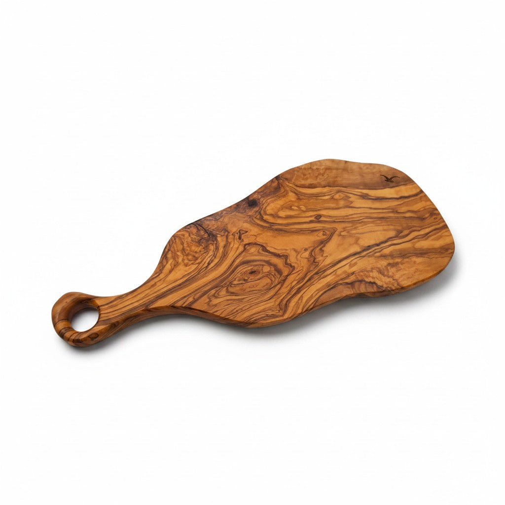 Handcrafted Olive Wood Serving Board - Live Edge Serving Platter with Handle - Natural Rustic Cheese Board & Cutting Surface