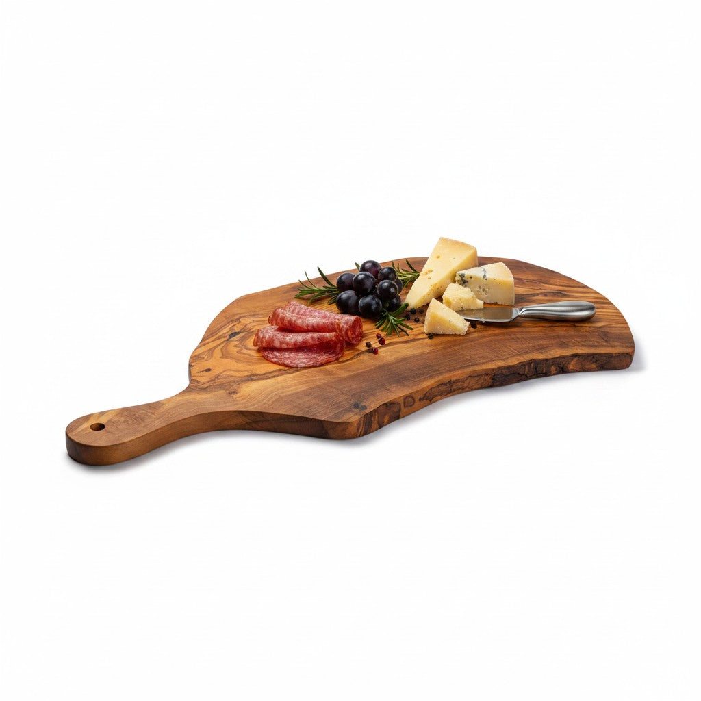 Handmade Olive Wood Live Edge Paddle Board with Handle | Rustic Freeform Grazing & Fruit Serving Board | Natural Grain | 30–40 cm