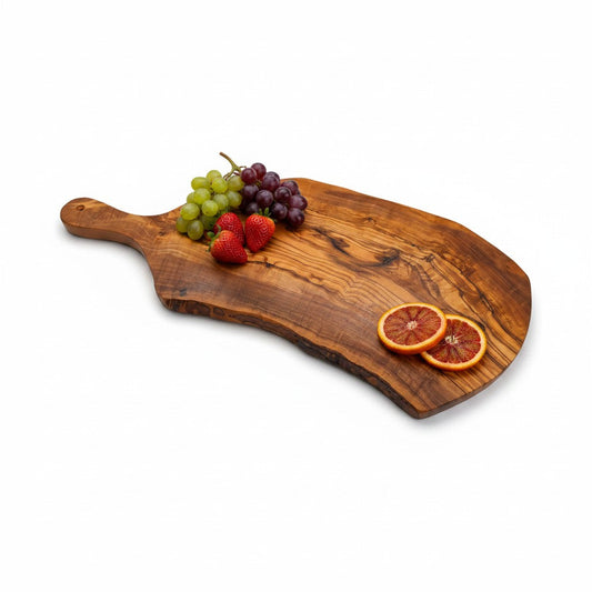 Handmade Olive Wood Live Edge Paddle Board with Handle | Rustic Freeform Grazing & Fruit Serving Board | Natural Grain | 30–40 cm