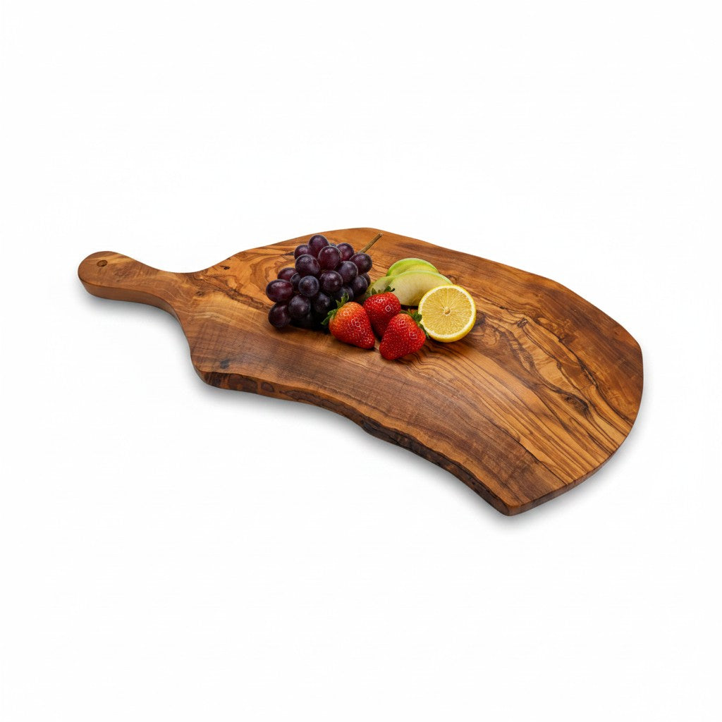 Handmade Olive Wood Live Edge Paddle Board with Handle | Rustic Freeform Grazing & Fruit Serving Board | Natural Grain | 30–40 cm