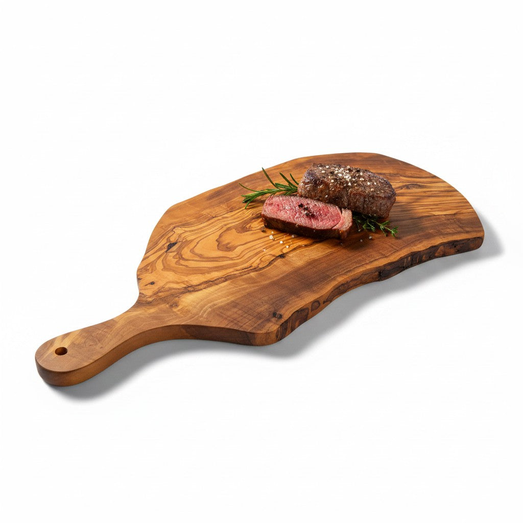 Handmade Olive Wood Live Edge Paddle Board with Handle | Rustic Freeform Grazing & Fruit Serving Board | Natural Grain | 30–40 cm