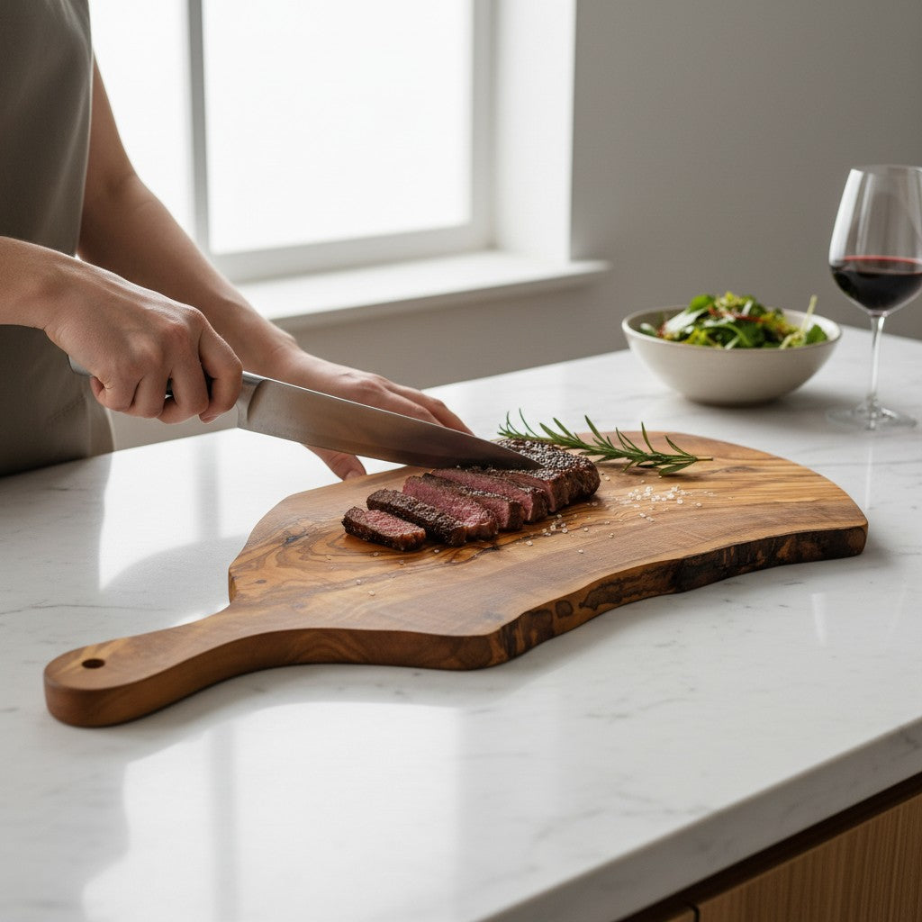 Handmade Olive Wood Live Edge Paddle Board with Handle | Rustic Freeform Grazing & Fruit Serving Board | Natural Grain | 30–40 cm