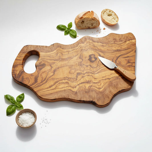 Handmade Olive Wood Freeform Cutting Board with Handle | Live Edge Grazing & Serving Board | Unique Natural Grain | 40–80 cm