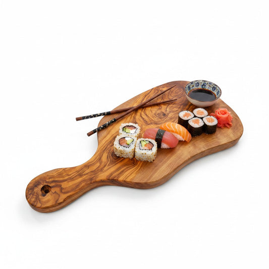 Handmade Olive Wood Freeform Paddle Serving Board with Handle | Burl Knot Grain Fruit & Cheese Board | Unique Shape | Various Sizes