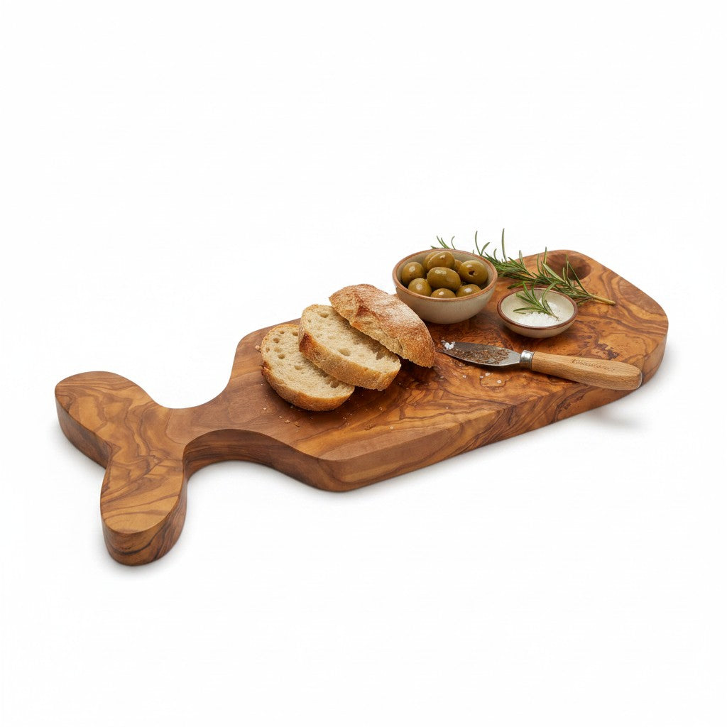 Handcrafted Fish-Shaped Olive Wood Serving Board - 36cm Artisan Serving Platter & Cheese Board