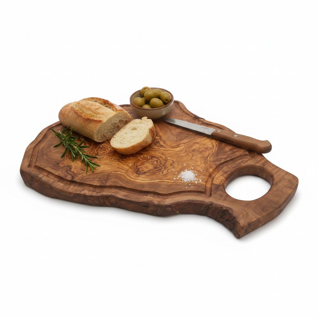 Handmade Olive Wood Burl Board with Handle & Juice Groove | Live Edge Freeform Grazing & Serving Board | Unique Grain | Multiple Sizes
