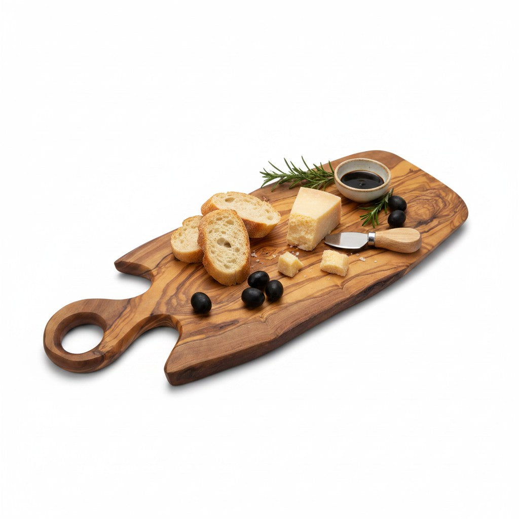 Handmade Olive Wood Freeform Serving Board with Round Loop Handle | Live Edge Cheese Grazing & Antipasti Board | Unique Grain | 35–50 cm