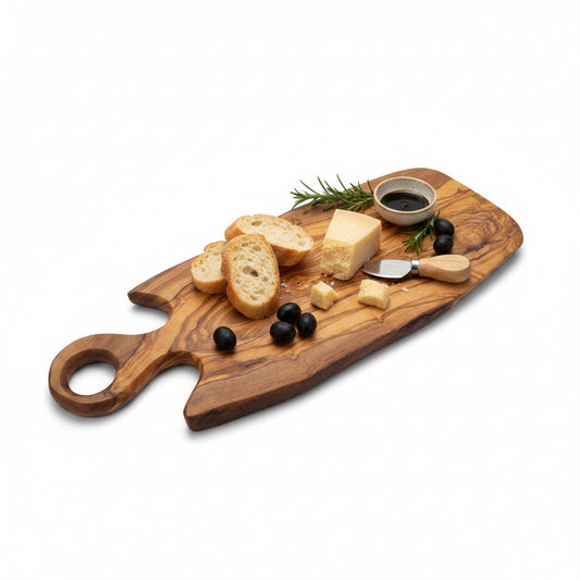 Handmade Olive Wood Freeform Serving Board with Round Loop Handle | Live Edge Cheese Grazing & Antipasti Board | Unique Grain | 35–50 cm