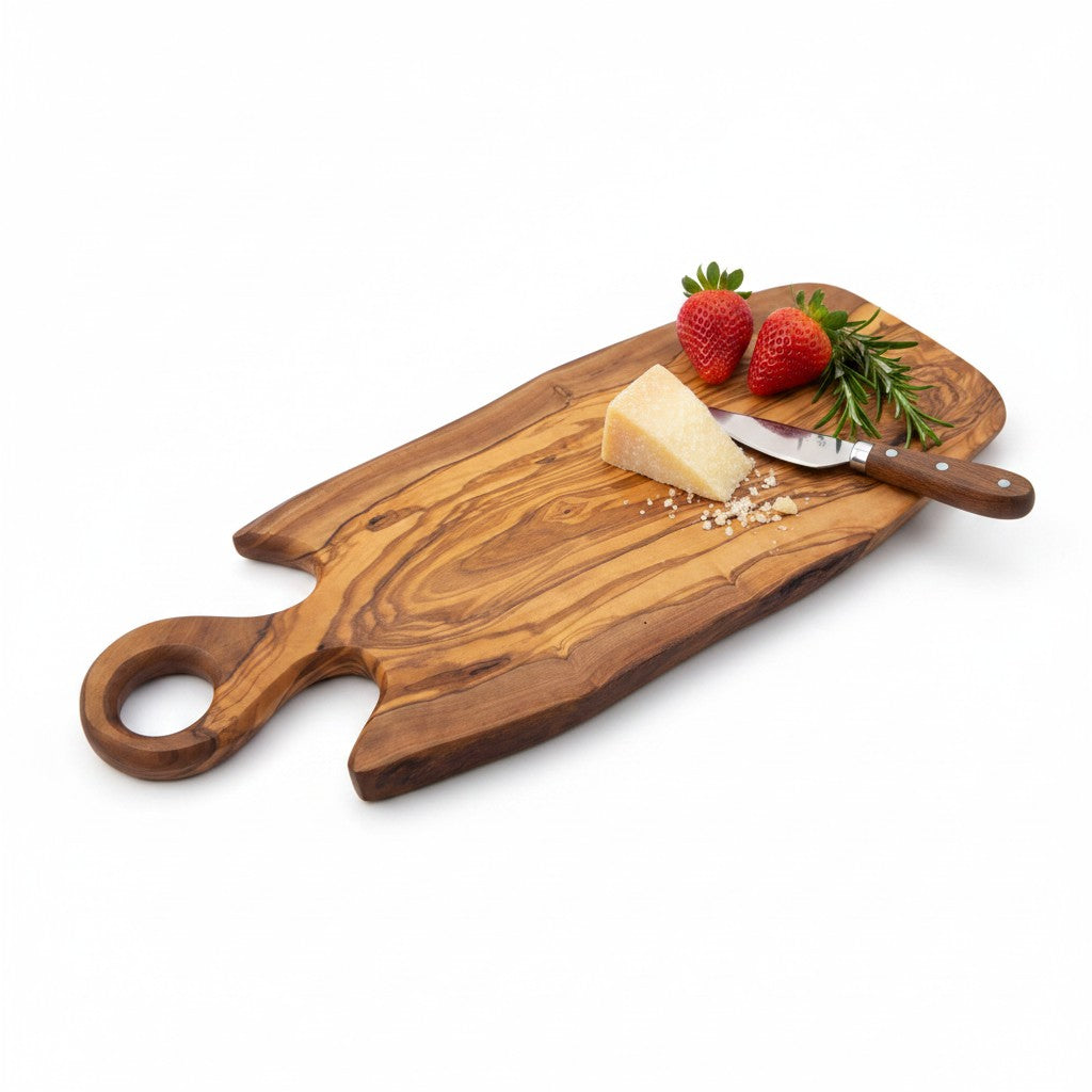 Handmade Olive Wood Freeform Serving Board with Round Loop Handle | Live Edge Cheese Grazing & Antipasti Board | Unique Grain | 35–50 cm