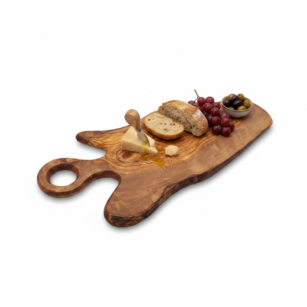 Handmade Olive Wood Freeform Serving Board with Round Loop Handle | Live Edge Cheese Grazing & Antipasti Board | Unique Grain | 35–50 cm