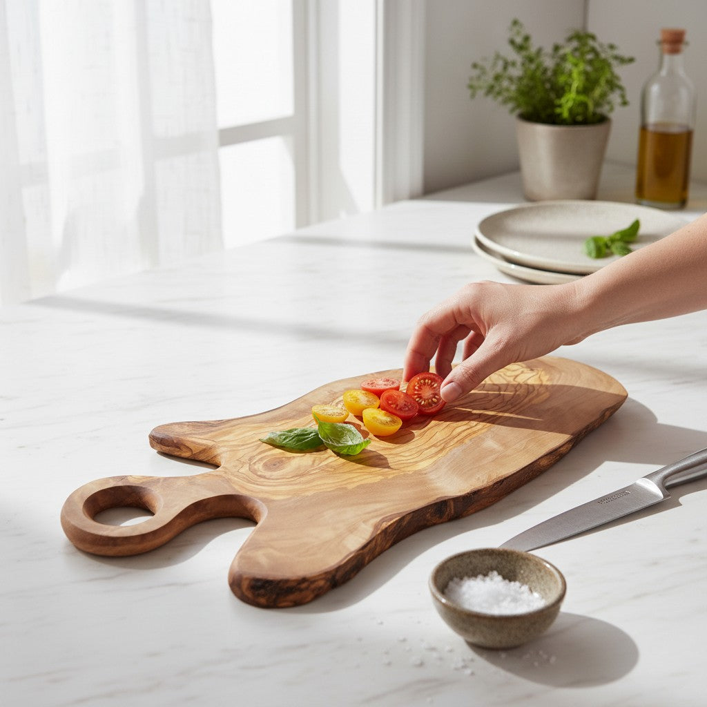 Handmade Olive Wood Freeform Serving Board with Round Loop Handle | Live Edge Cheese Grazing & Antipasti Board | Unique Grain | 35–50 cm