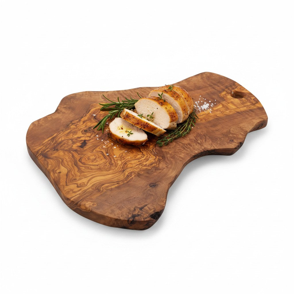 Handmade Olive Wood Freeform Serving Board with Hanging Hole | Live Bark Edge Cheese & Antipasti Serving Board | Unique Grain | 25–45 cm