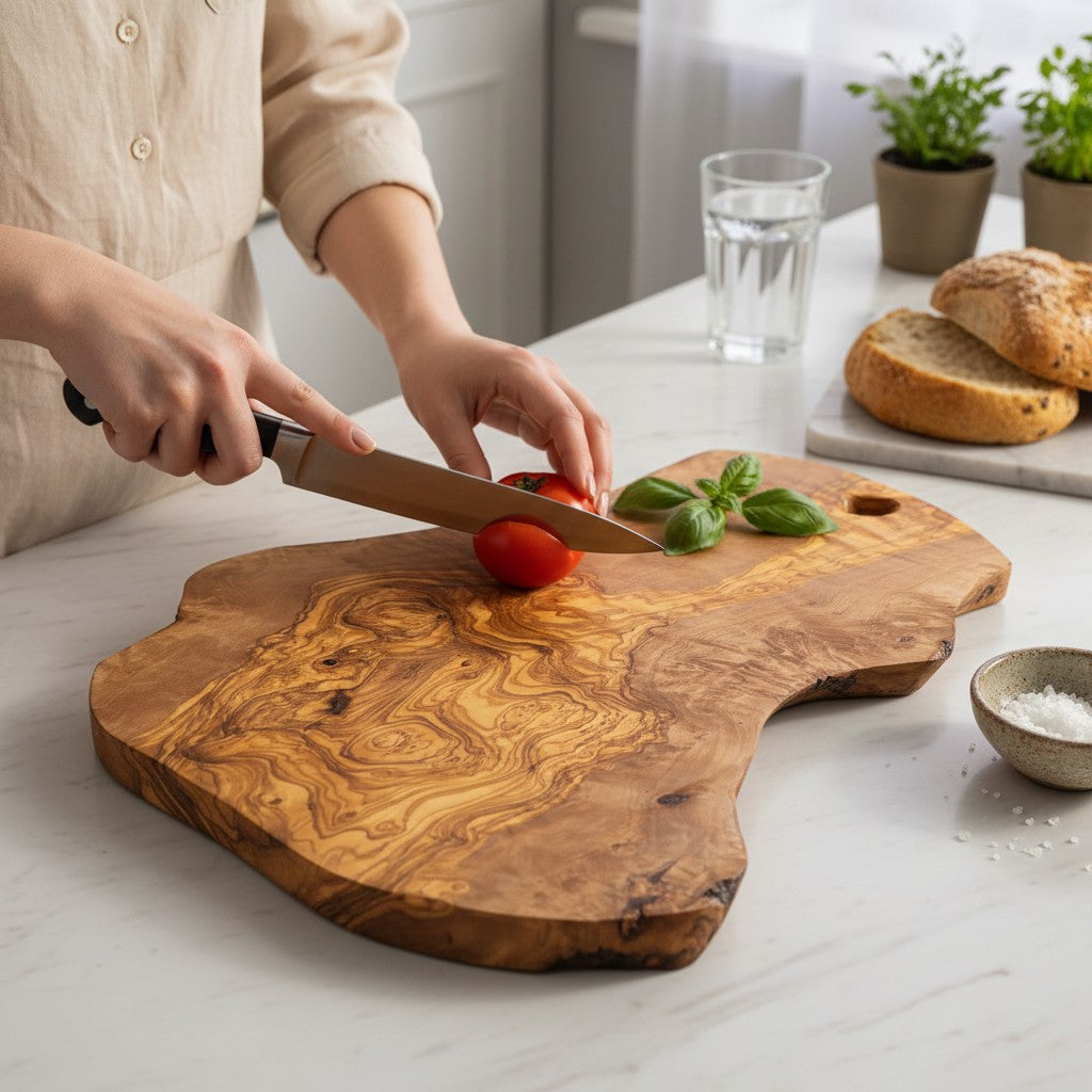 Handmade Olive Wood Freeform Serving Board with Hanging Hole | Live Bark Edge Cheese & Antipasti Serving Board | Unique Grain | 25–45 cm