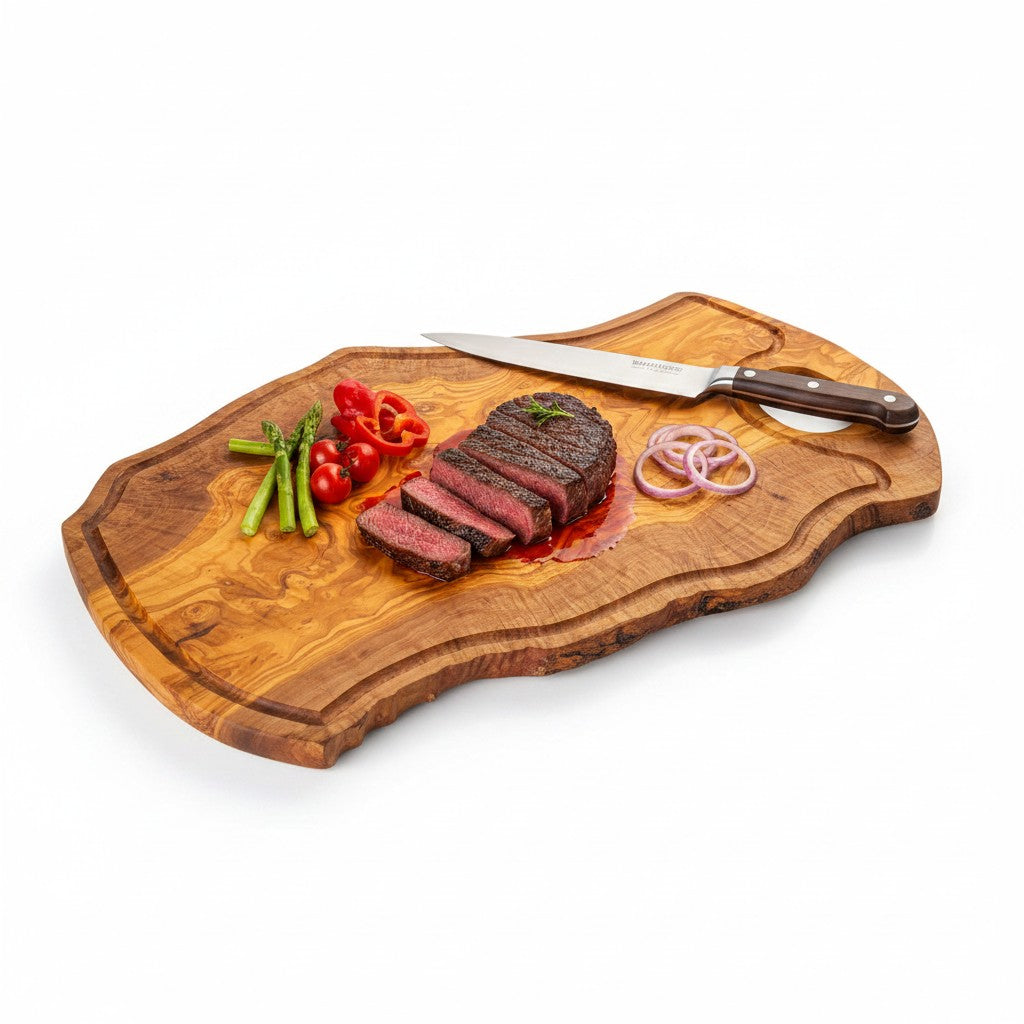 Handmade Olive Wood Burl Board with Handle & Juice Groove | Live Edge Freeform Grazing & Serving Board | Unique Grain | Multiple Sizes
