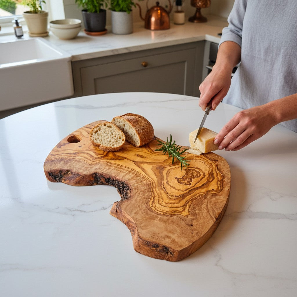 Handmade Olive Wood Freeform Serving Board with Hanging Hole | Live Bark Edge Cheese & Antipasti Serving Board | Unique Grain | 25–45 cm