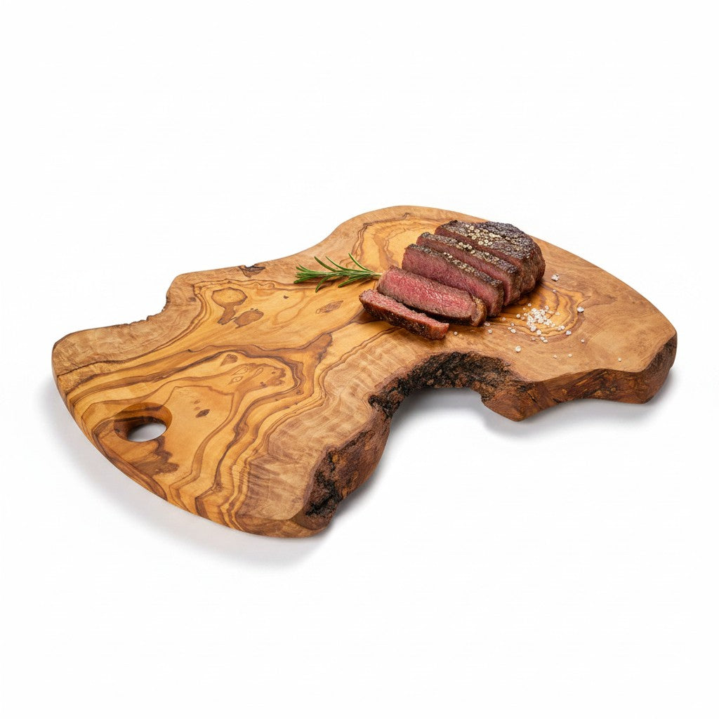 Handmade Olive Wood Freeform Serving Board with Hanging Hole | Live Bark Edge Cheese & Antipasti Serving Board | Unique Grain | 25–45 cm