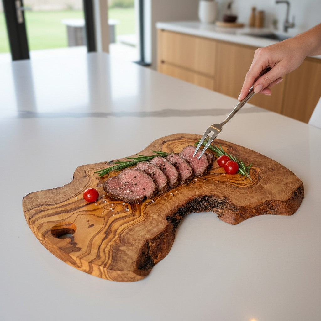 Handmade Olive Wood Freeform Serving Board with Hanging Hole | Live Bark Edge Cheese & Antipasti Serving Board | Unique Grain | 25–45 cm