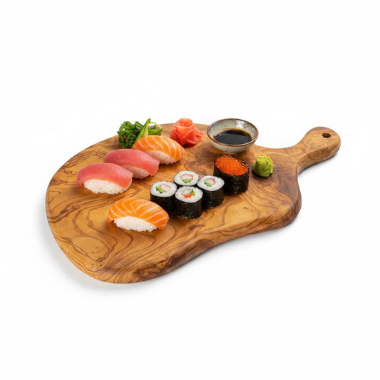 Handmade Olive Wood Round Freeform Serving Board with Handle | Large Live Edge Cheese & Antipasti Serving Board | Bold Natural Grain | 33–46 cm