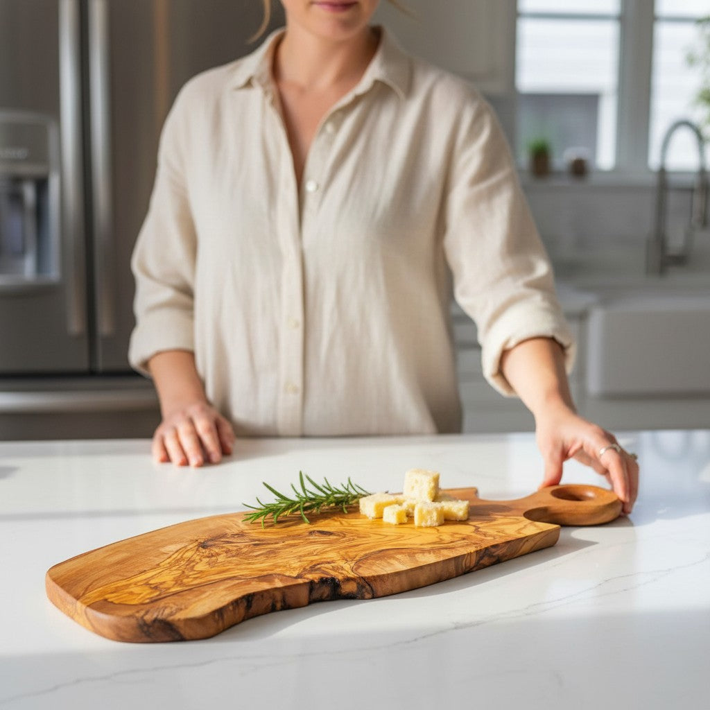 Handmade Olive Wood Freeform Serving Board with Round Loop Handle | Live Edge Cheese Grazing & Antipasti Board | Unique Grain | 35–50 cm