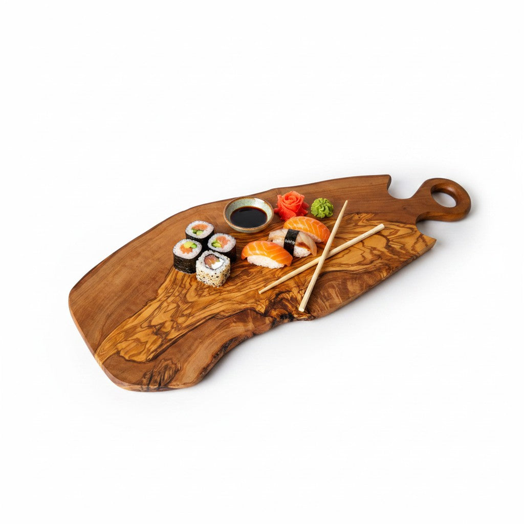 Handmade Olive Wood Freeform Serving Board with Round Loop Handle | Live Edge Cheese Grazing & Antipasti Board | Unique Grain | 35–50 cm
