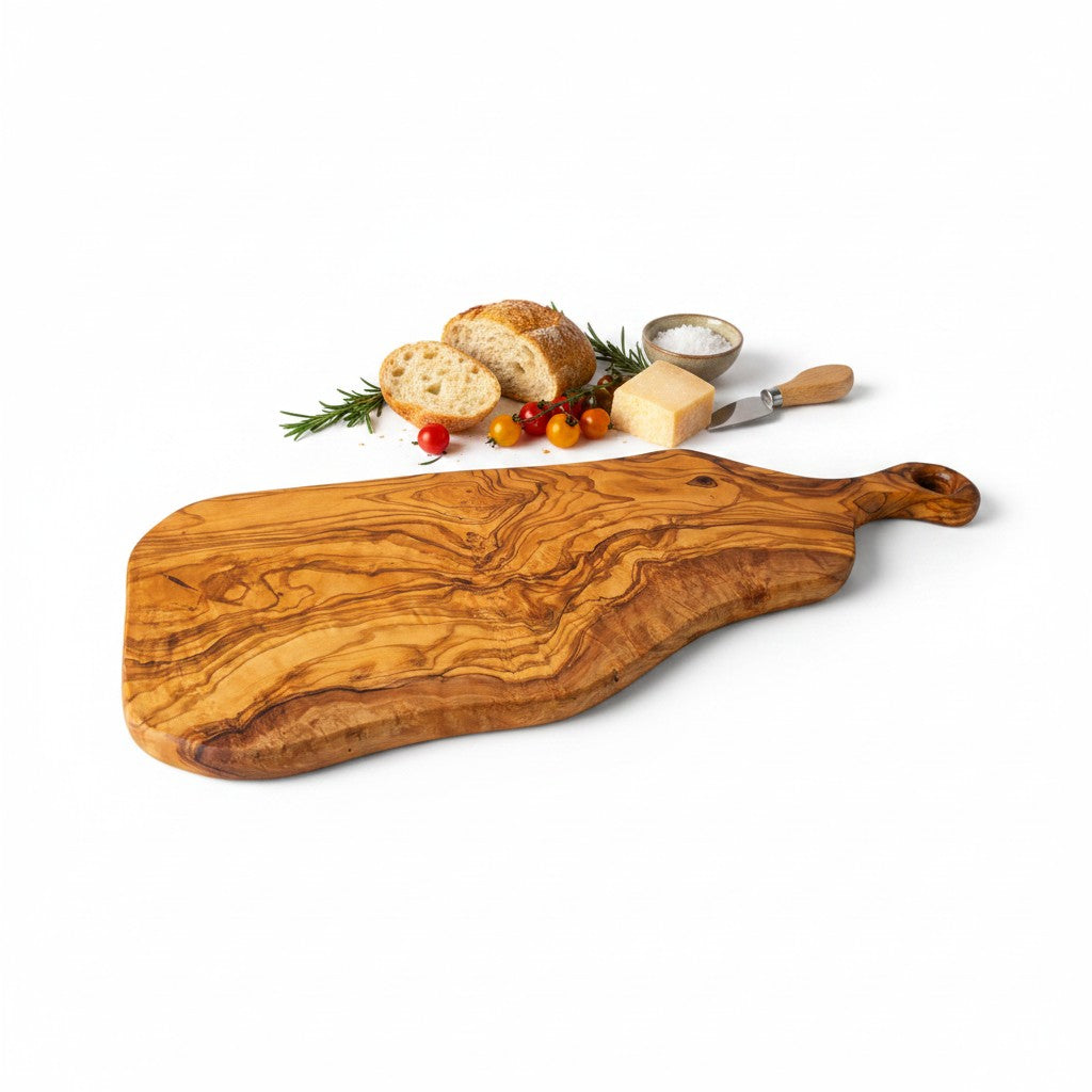 Handcrafted Olive Wood Serving Board - Live Edge Serving Platter with Handle - Natural Rustic Cheese Board & Cutting Surface