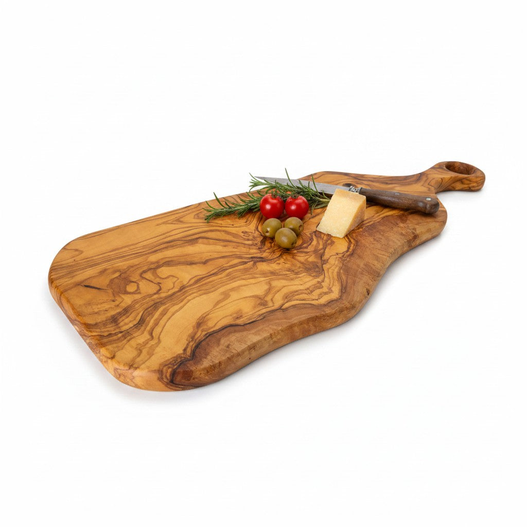 Handcrafted Olive Wood Serving Board - Live Edge Serving Platter with Handle - Natural Rustic Cheese Board & Cutting Surface