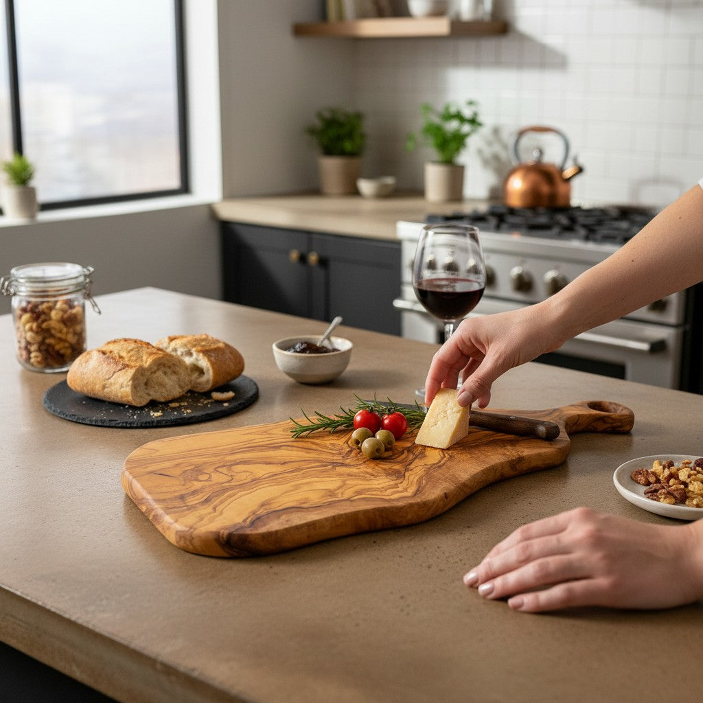 Handcrafted Olive Wood Serving Board - Live Edge Serving Platter with Handle - Natural Rustic Cheese Board & Cutting Surface