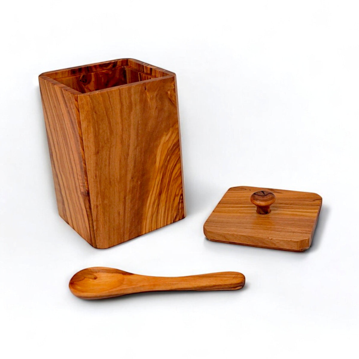 Set of 2 Olive Wood spice bottles with lids and matching spoons