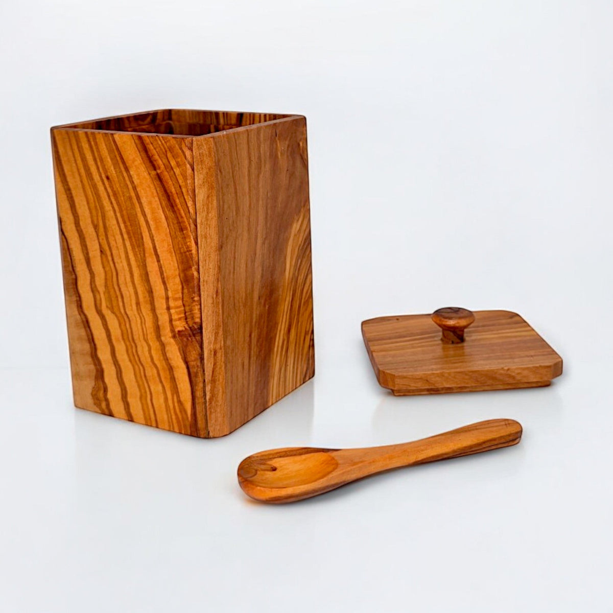 Set of 2 Olive Wood spice bottles with lids and matching spoons