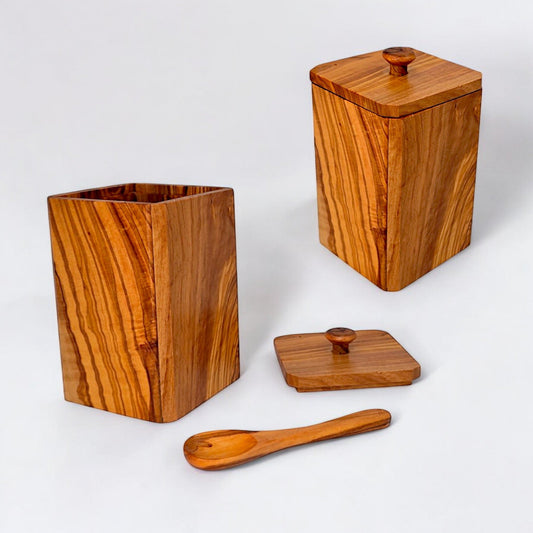 Set of 2 Olive Wood spice bottles with lids and matching spoons