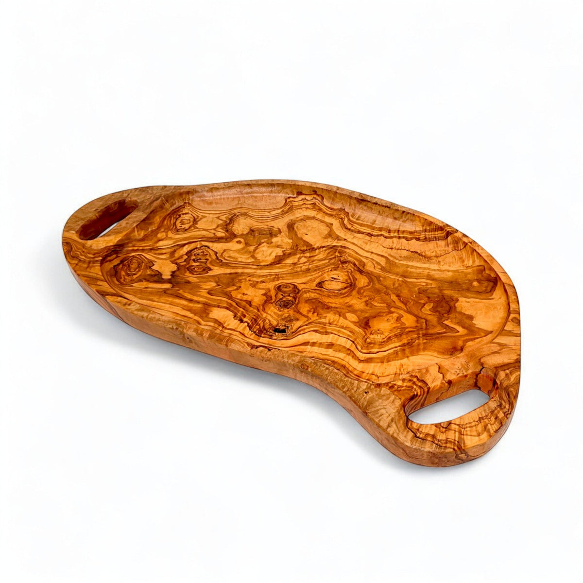 Handcrafted Irregular Olive Wood Serving Tray with Handles | Live Edge Platter