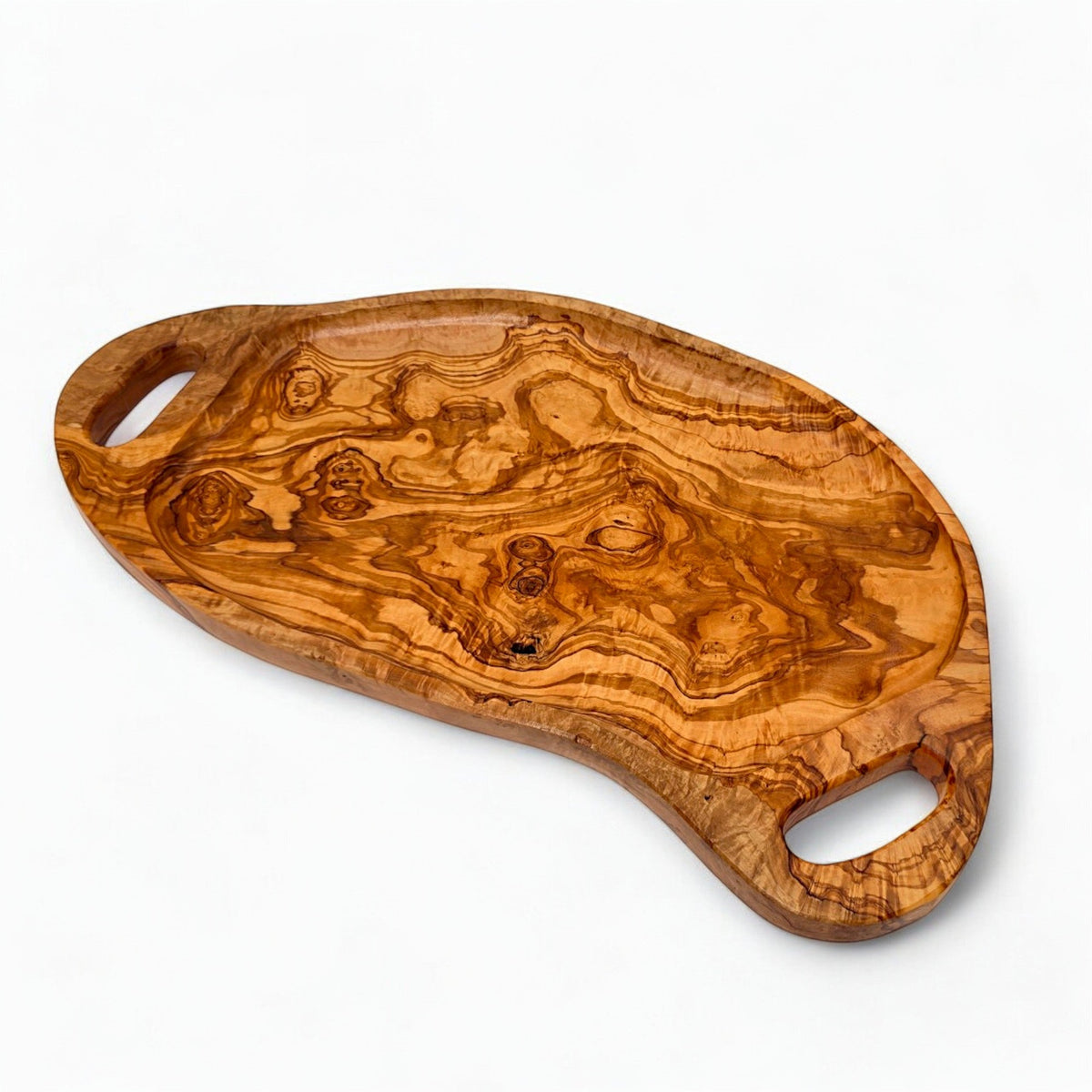 Handcrafted Irregular Olive Wood Serving Tray with Handles | Live Edge Platter