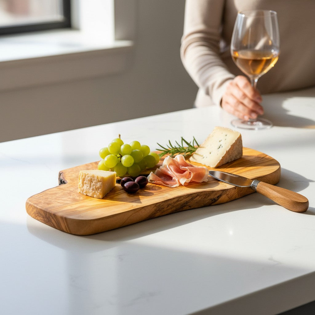 Large Hand-Carved Olive Wood Freeform Serving Board | Extra Large Live Edge Grazing & Chopping Board | Unique Grain | 35–60 cm