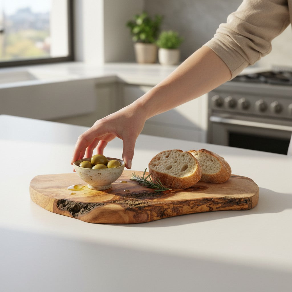 Large Hand-Carved Olive Wood Freeform Serving Board | Extra Large Live Edge Grazing & Chopping Board | Unique Grain | 35–60 cm