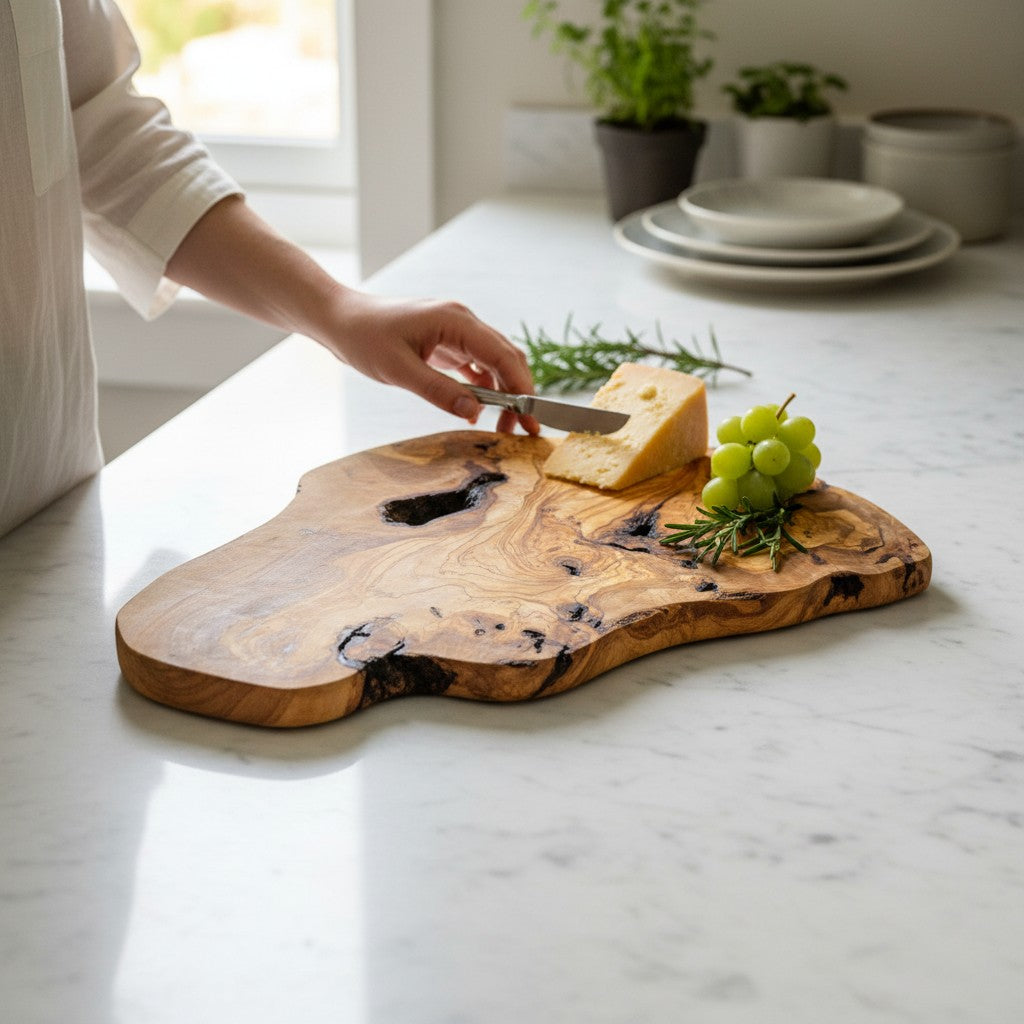 Large Handcrafted Olive Wood Freeform Serving Board | Extra Large Live Edge Grazing & Chopping Board | Unique Grain | 35–60 cm