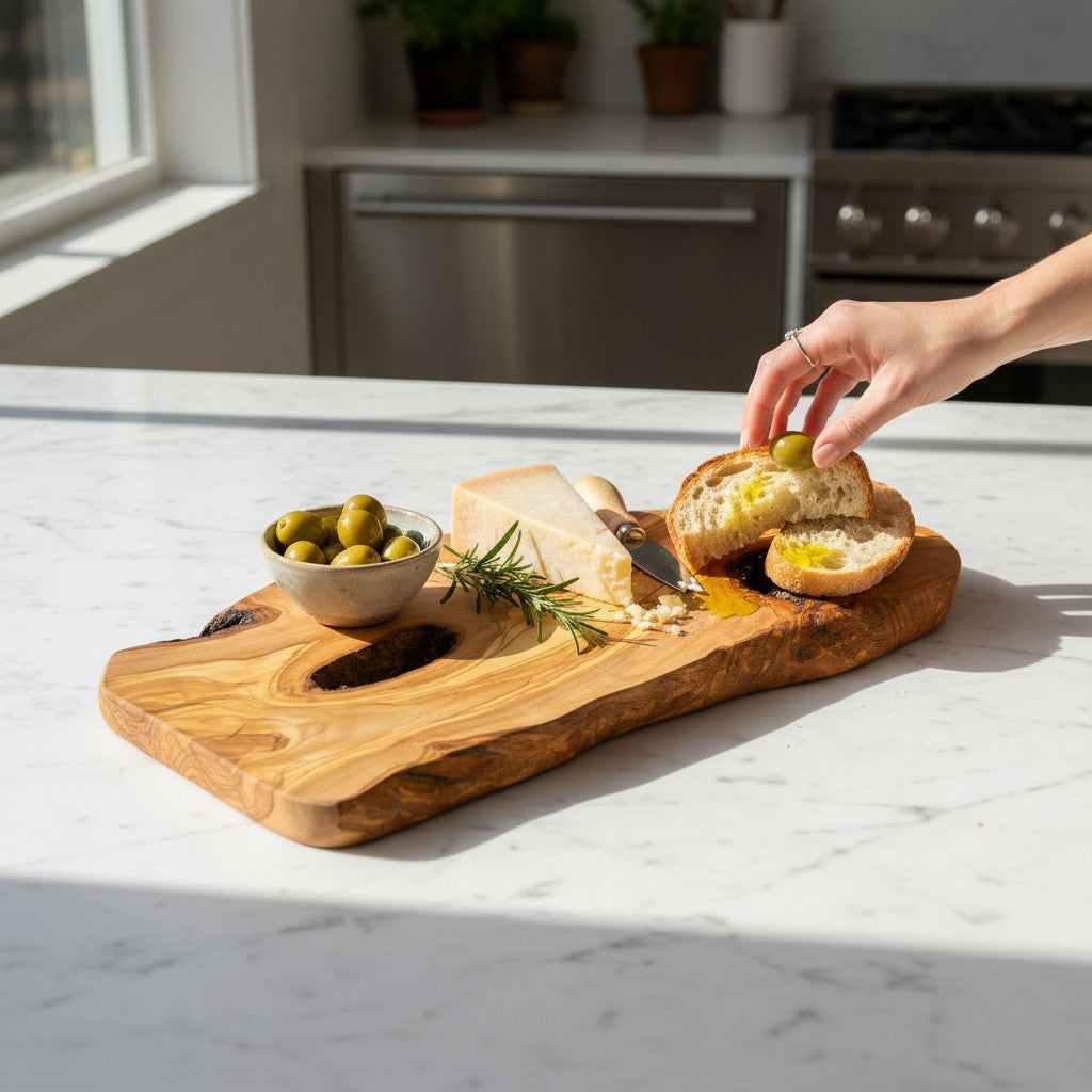 Large Hand-Carved Olive Wood Freeform Serving Board | Extra Large Live Edge Grazing & Chopping Board | Unique Grain | 35–60 cm