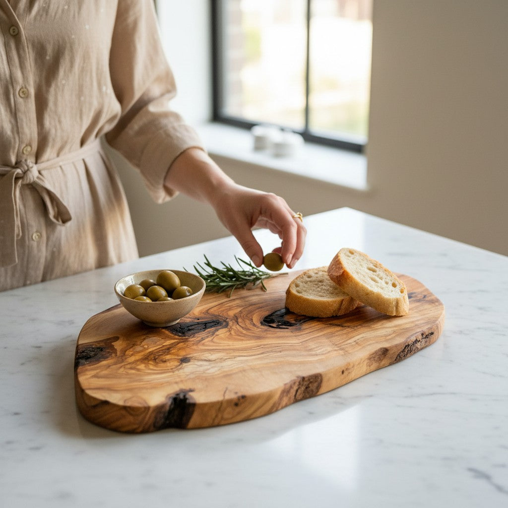 Large Handcrafted Olive Wood Freeform Serving Board | Extra Large Live Edge Grazing & Chopping Board | Unique Grain | 35–60 cm