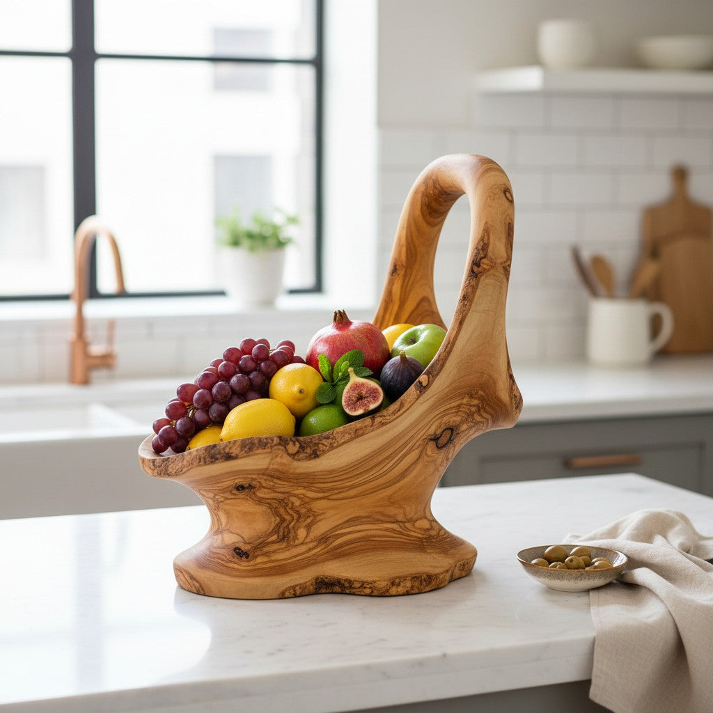 Handcrafted Olive Wood Pedestal Fruit Bowl, 36×20×35 cm