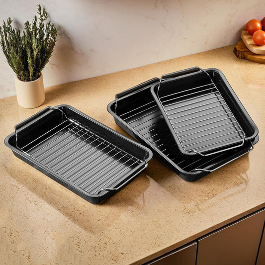 Set of Three Non Stick Roasting Trays with Wire Racks