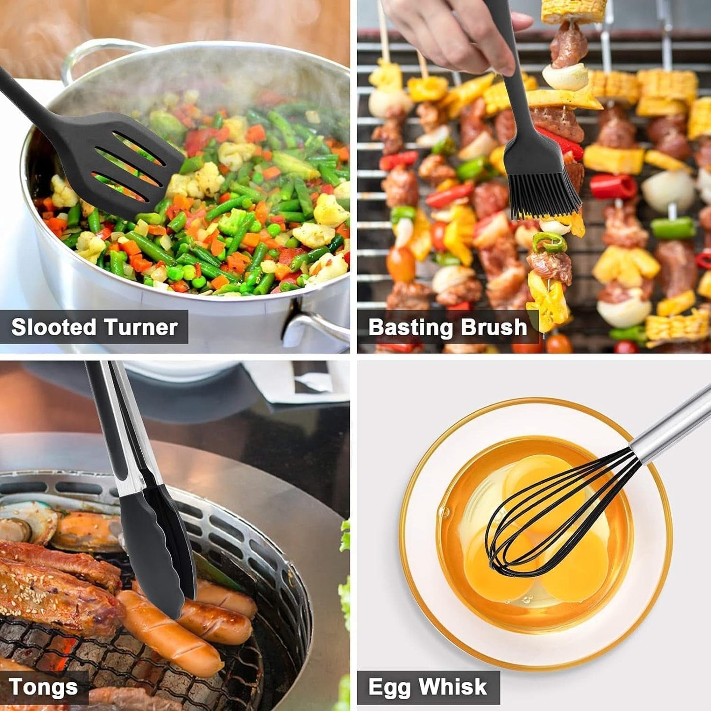 15-Piece Silicone Kitchen Utensils Set – Heat-Resistant Spatulas, Spoons, Turners, Brush, and Whisk, Perfect for Non-Stick Cookware (Black)