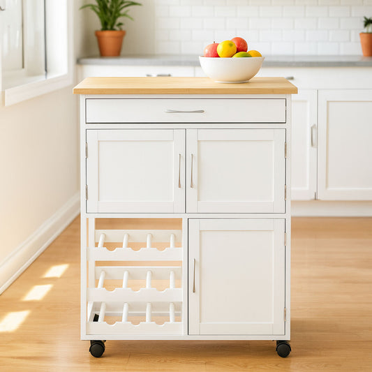 White 1 Drawer Kitchen Trolley with Bamboo Top and Cupboard