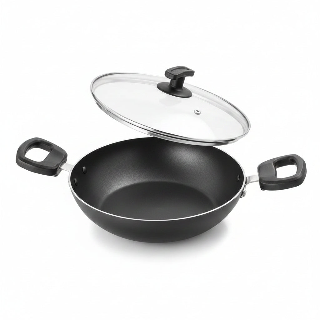 By Everyday Non-Stick Kadhai with Glass Lid Low Oil Cooking Cool Touch Handles 28cm