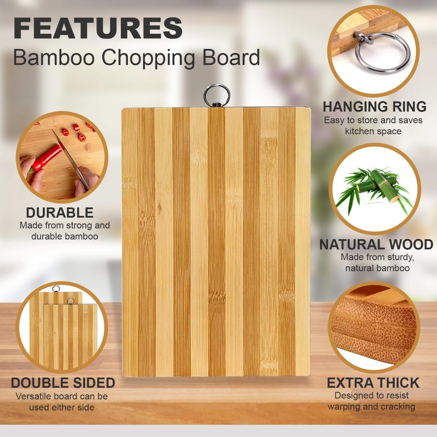 Multi-Use Bamboo Cutting Board – Durable Wooden Board for Meat, Bread, Vegetables, Cheese, and BBQ, 20cm x 30cm